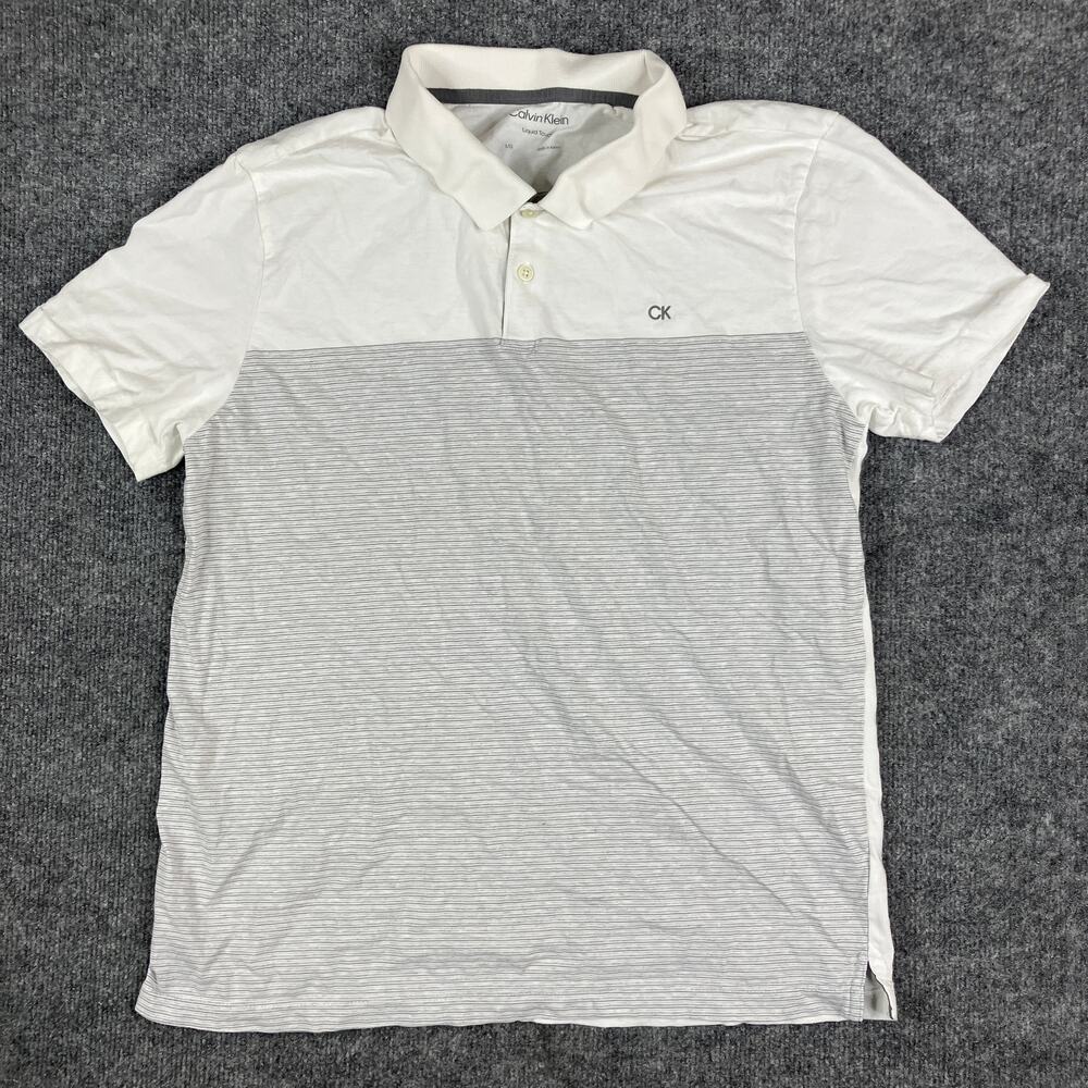 Calvin Klein Polo Mens Size L White Gray Liquid Touch Striped Short Sleeve